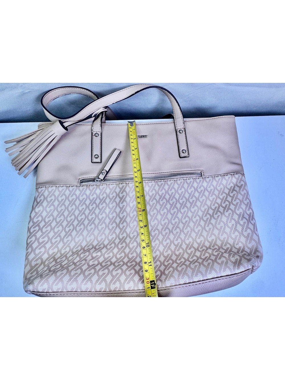 Nine West Beige Logo Print Tote Bag Tassel Large Shoulder Handbag - Picture 6 of 6